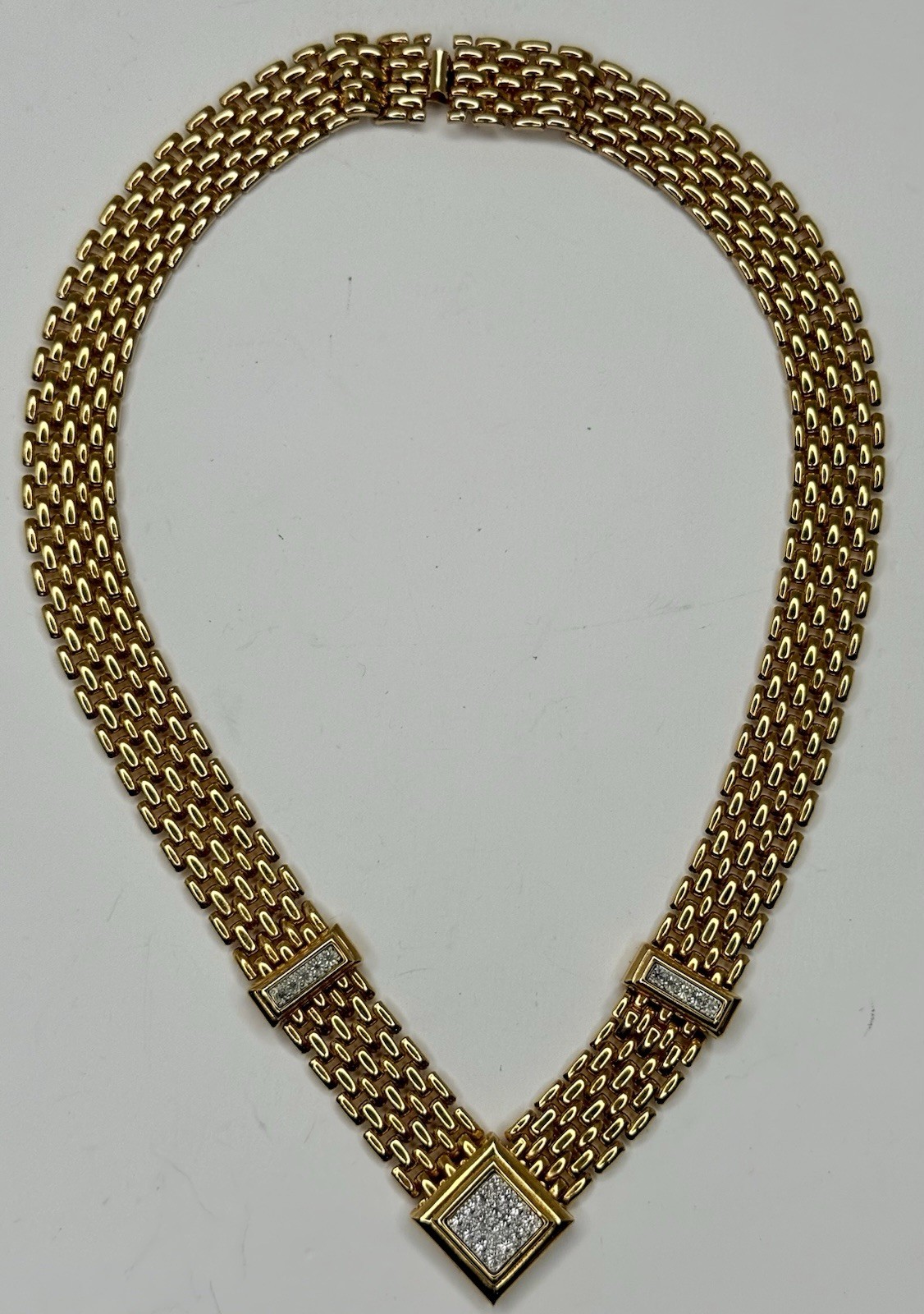 Vintage AVON Brick Chain V Shape Pave Rhinestone Push Lock GoldTone Necklace 16”