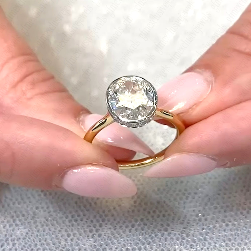 3.85Ctw Oval Moissanite Bezel Hidden Halo Engagement Ring In 14K Two-Tone Gold