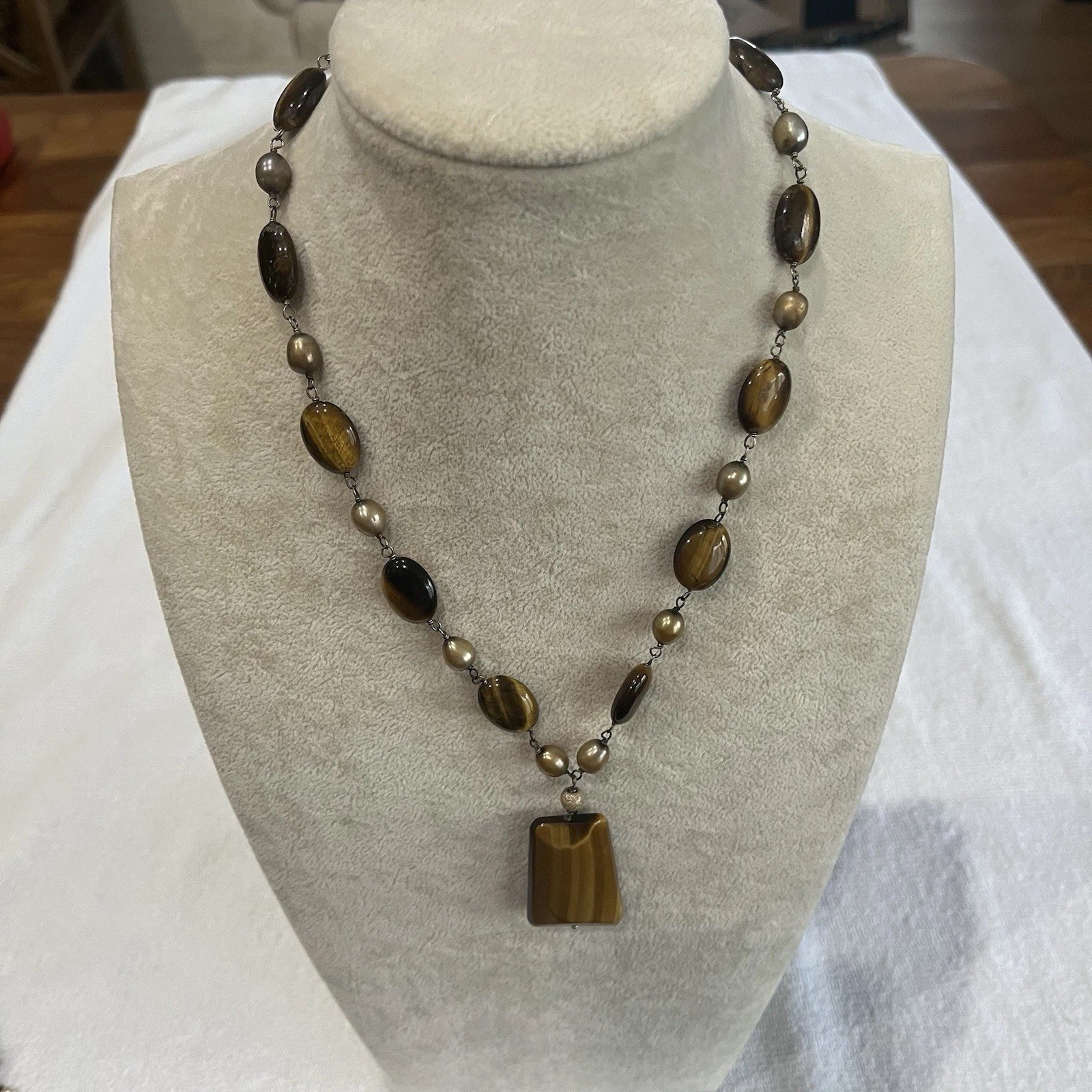Tiger Eye Pendant Necklace Freshwater Pearl Sterling Silver 925 Statement Toggle