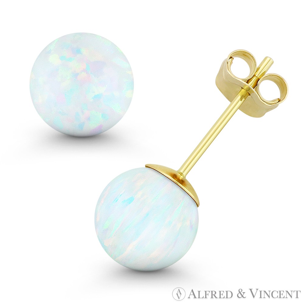 Fiery White Synthetic Opal Round Ball Pushback Stud Earrings in 14k Yellow Gold