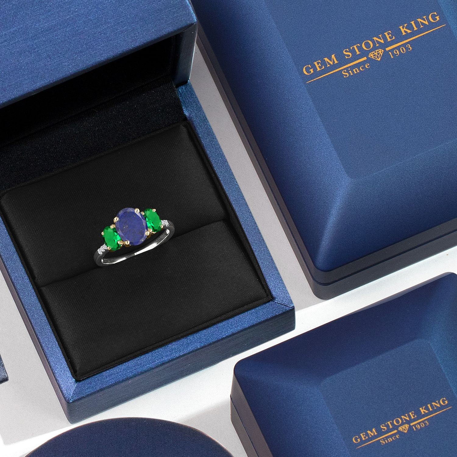 925 Silver and 10K Yellow Gold Blue Lapis and Nano Emerald and Lab Grown