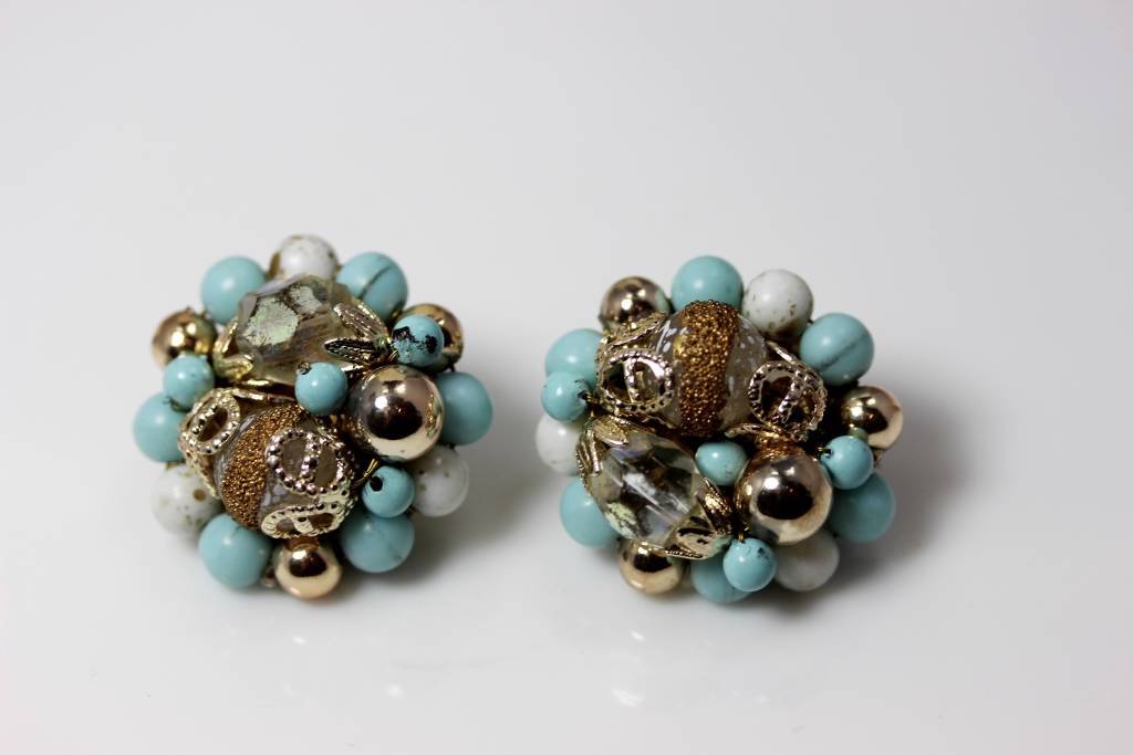 Vintage Blue, White Silver & Gold Japan Necklace & Earrings Set 48″ – 6909