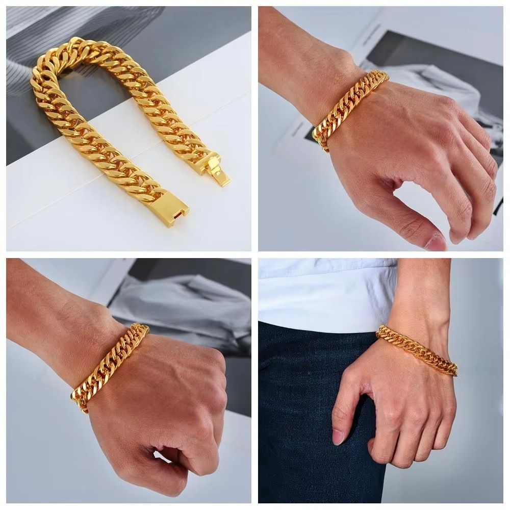 MENDEL Mens 12mm Stainless Steel Gold Plated Miami Cuban Link Bracelet Men