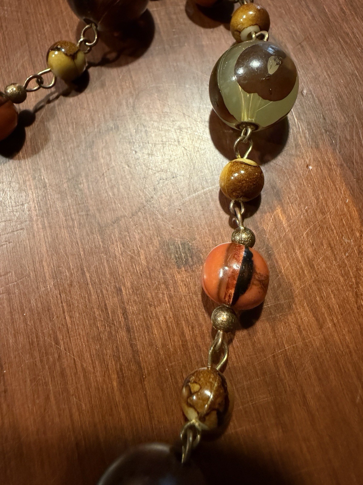 Vintage Long Brown, Orange & Amber Glass Bead Necklace Strand No Clasp.