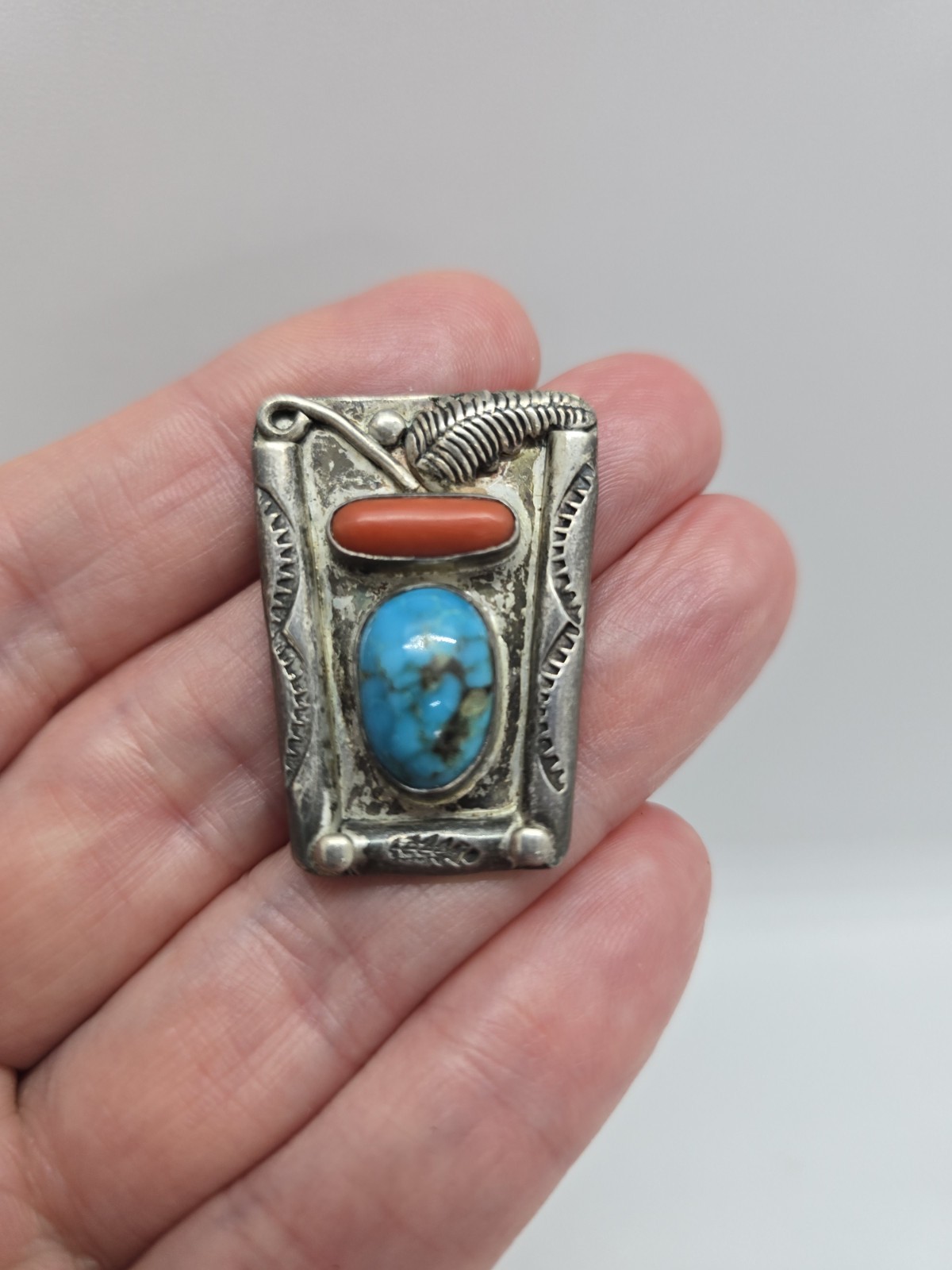 Vtg 1970s Navajo Sterling Silver Turquoise Coral Buckle Pendant Set Signed Begay