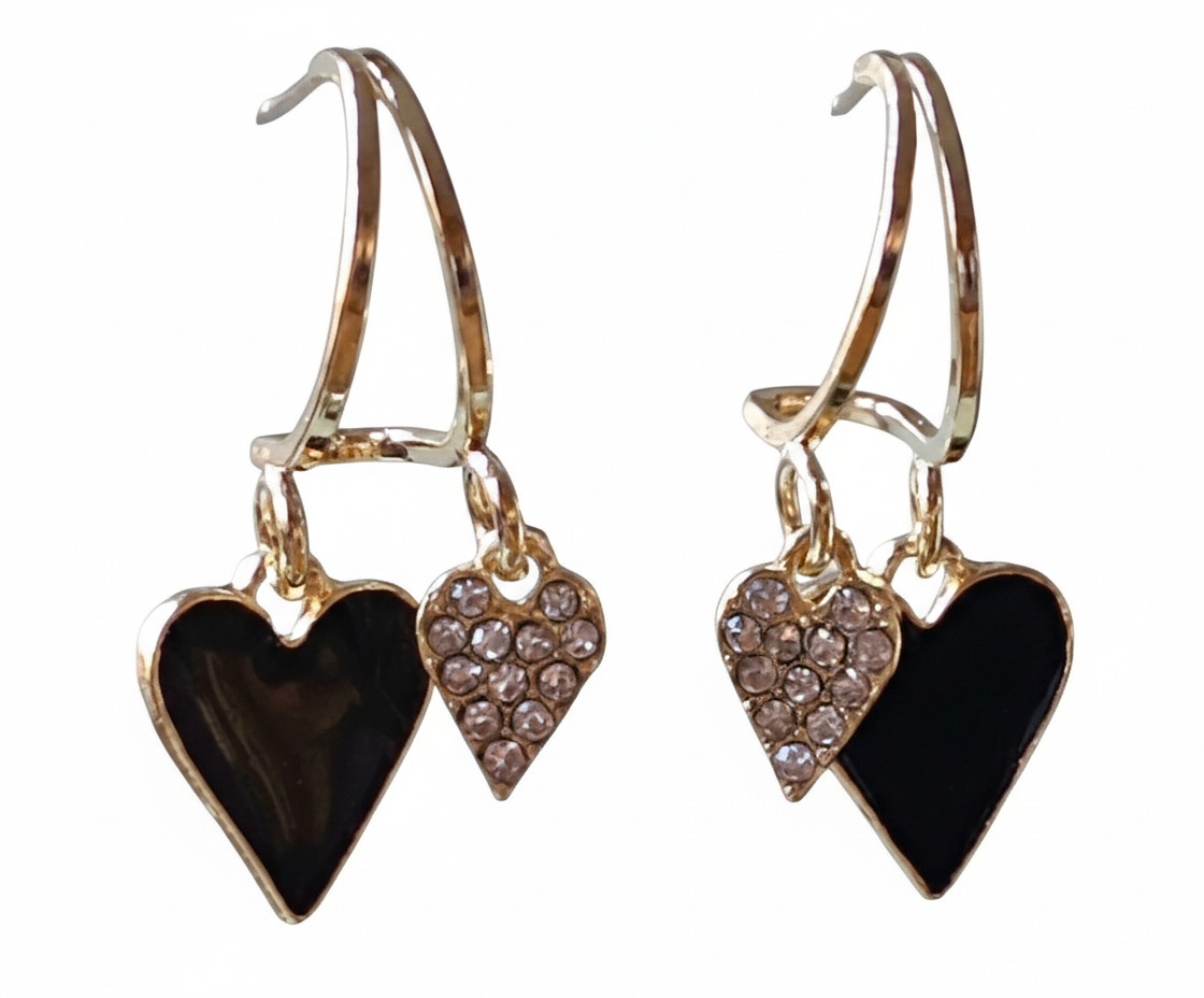 Gold Black Diamante Heart Drop Earrings Dangle Womens Stylish Fashion Jewellery