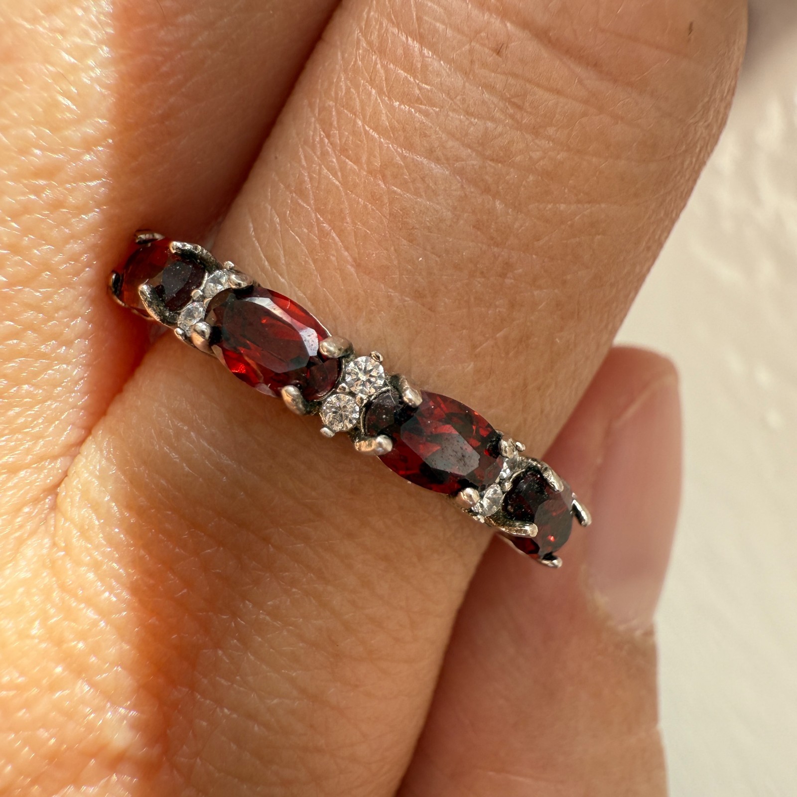 925 Sterling Silver Ring 5x3mm Natural Rhodolite Garnet Gemstone Zircon Beaded