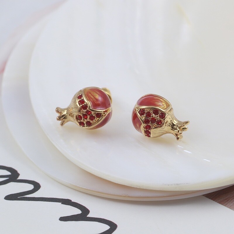Enamel glaze red small pomegranate stud earrings.