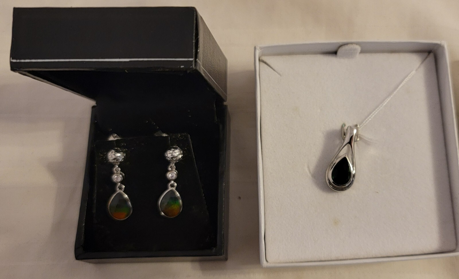 KORITE AMMOLITE SET Teardrop Pendant,16″ Sterling Silver Necklace,Earrings