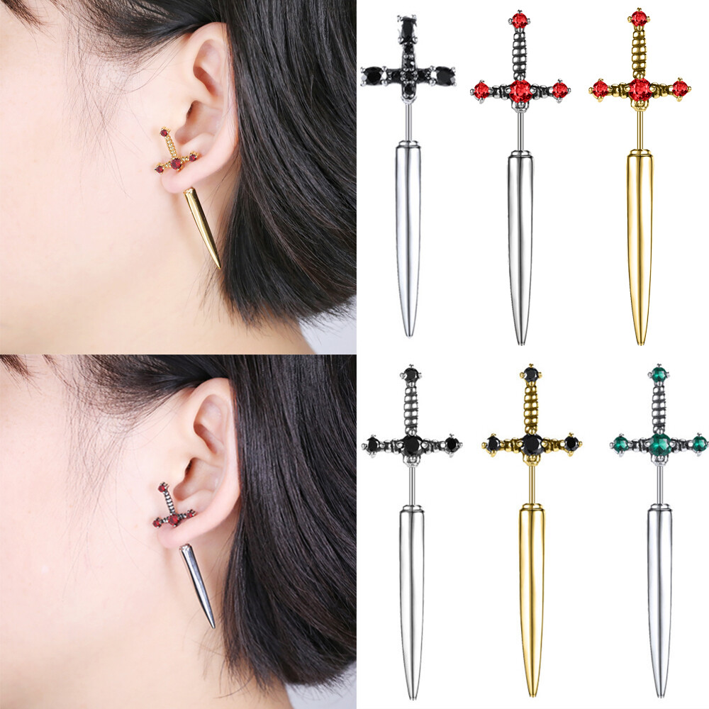20G Punk Stainless Steel Stud Earrings CZ Dagger Sword Ear Stud Piercing Jewelry