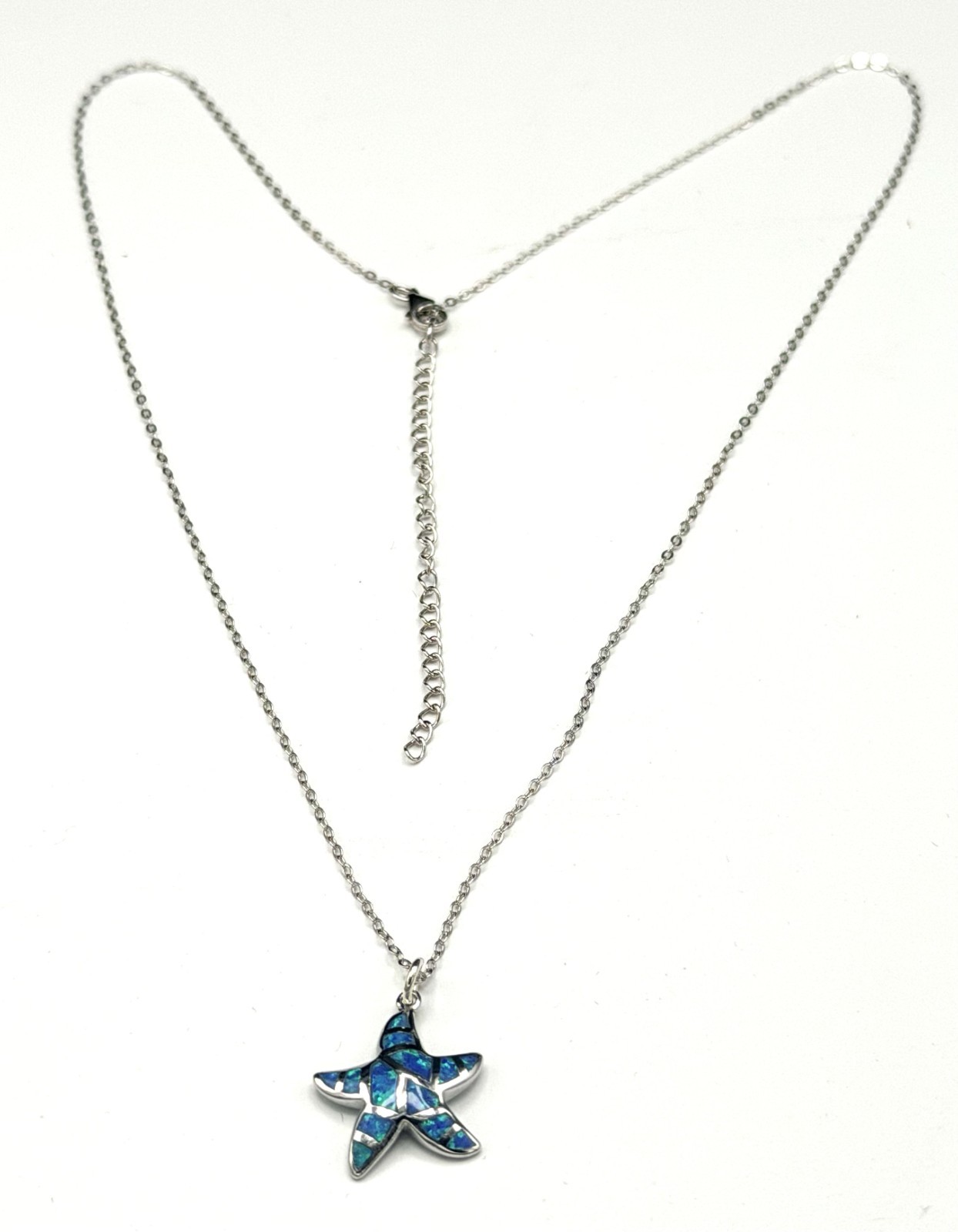 Sterling Silver Blue Lab Opal Star Fish Pendant Necklace 18″ + 2.5 ext. NWT 3.4g