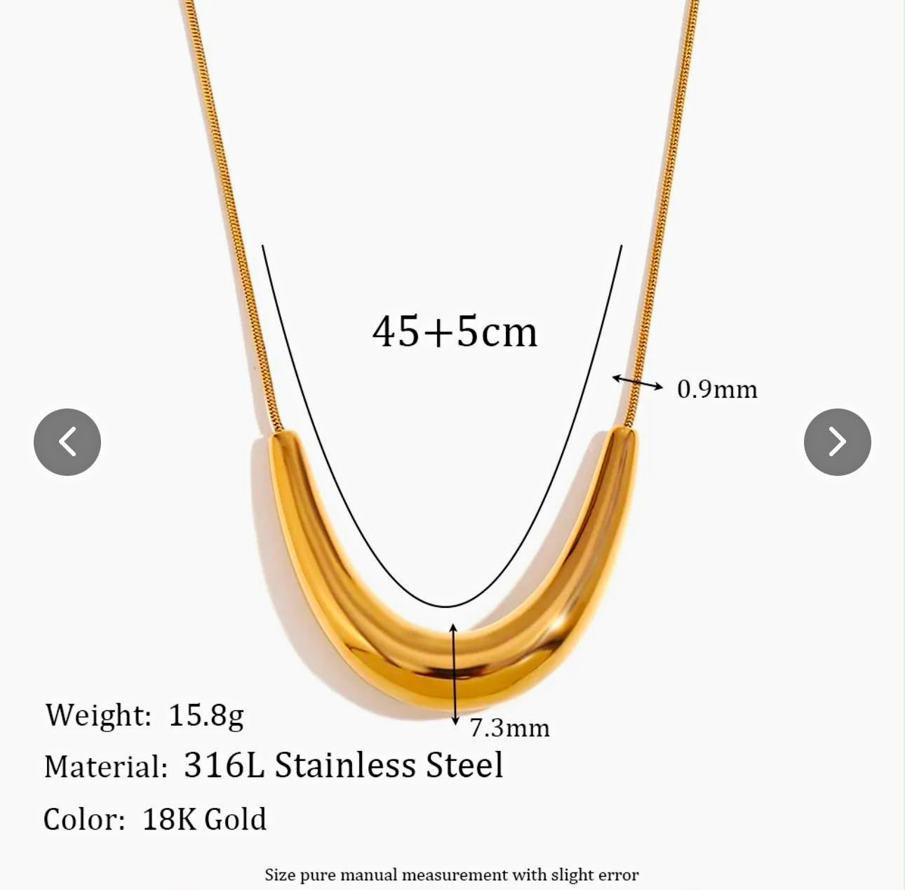 Gold Tone 316L Stainless Steel Snake Chain Curved Bar Pendant Necklace 45+5cm