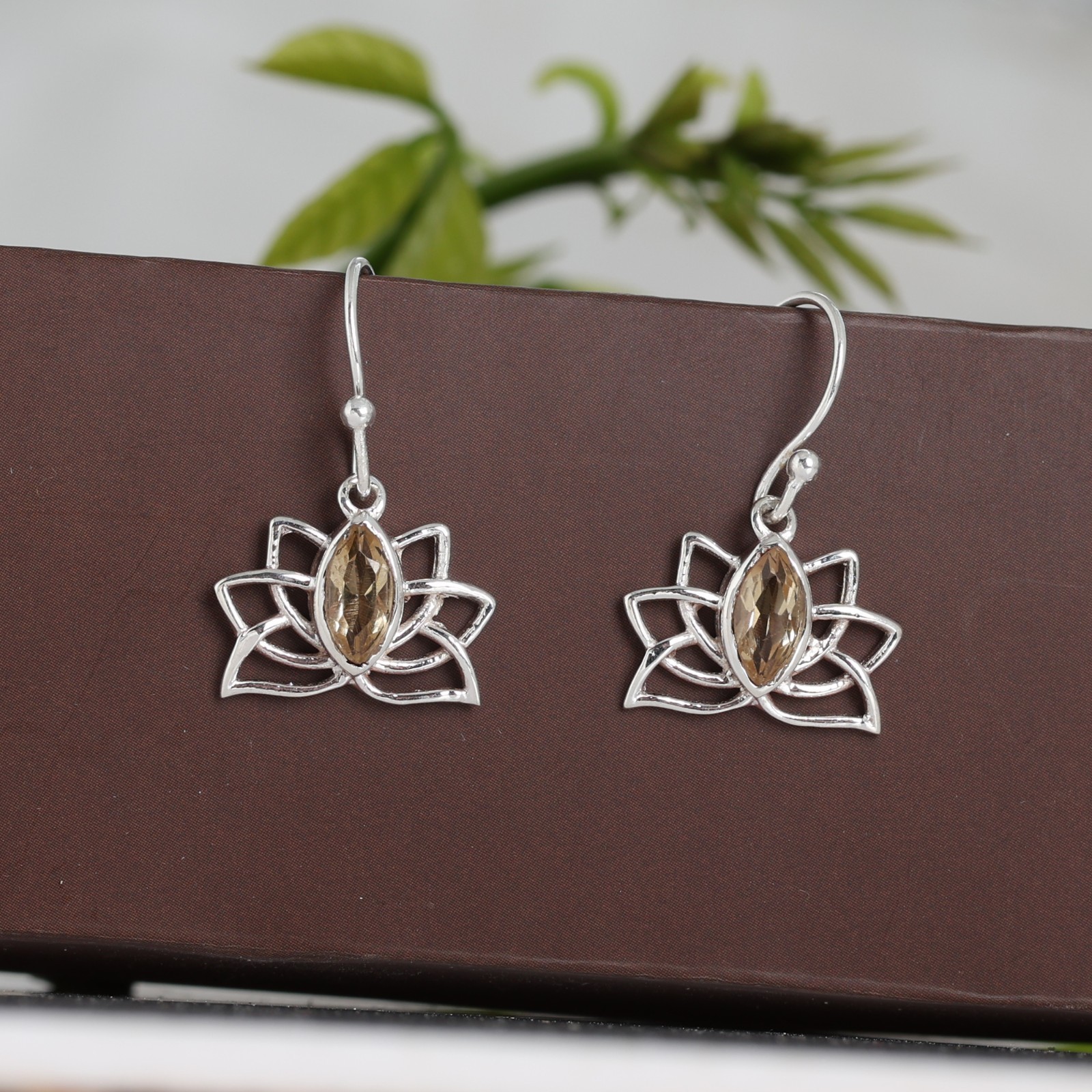 Citrine Birthstone Jewelry Silver Finish Lotus Earrings ae6655
