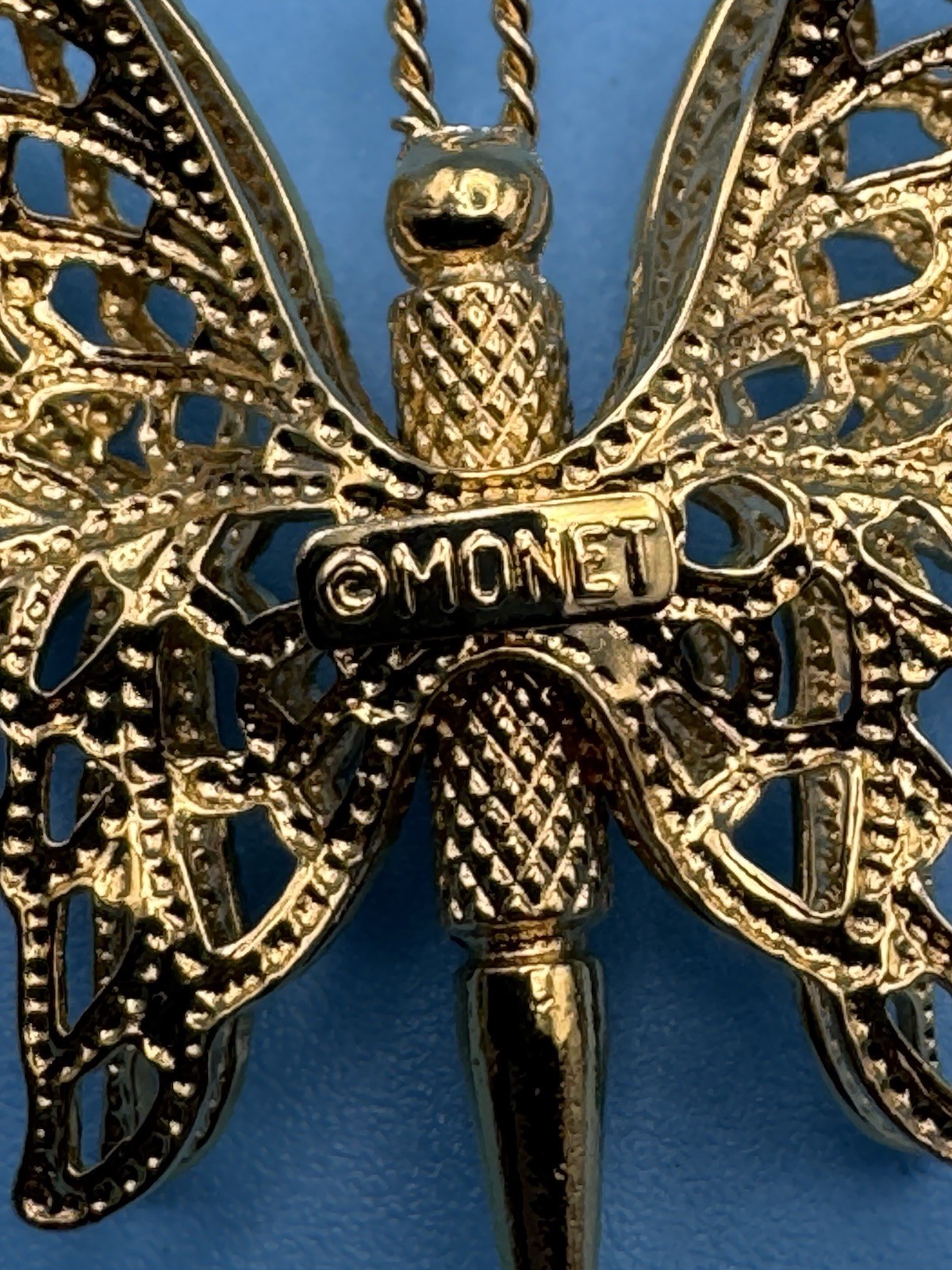 Vintage Monet Signed Gold Tone Butterfly Brooch Pin 3D Filigree Double Wing