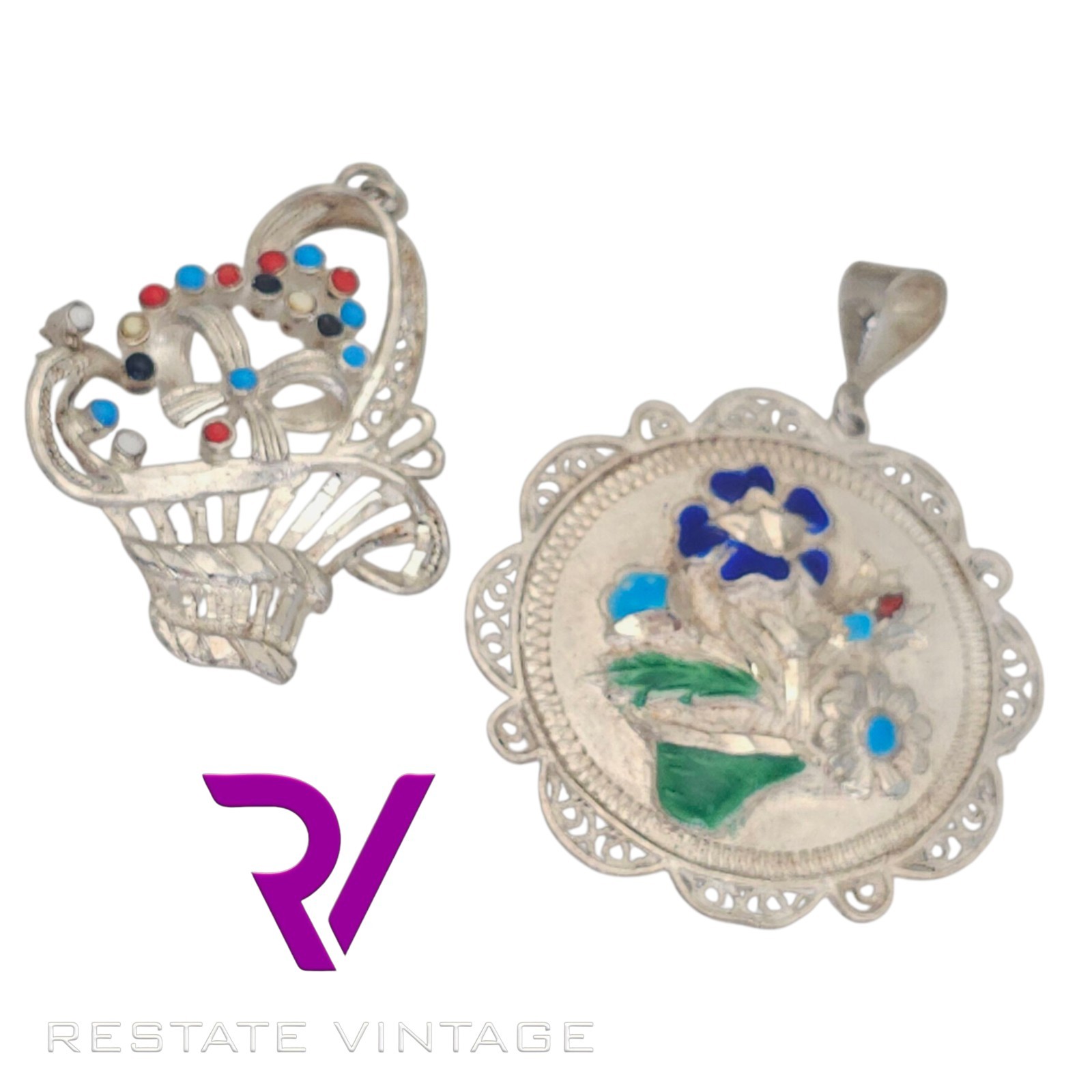Mint Vintage ACI Sterling Enamel Pendant Basket Floral Lot Of 2