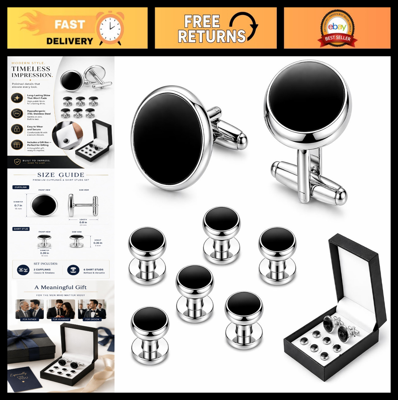Men’s Stainless Steel Cufflinks & Tuxedo Studs Set – Formal Wedding Jewelry Gift