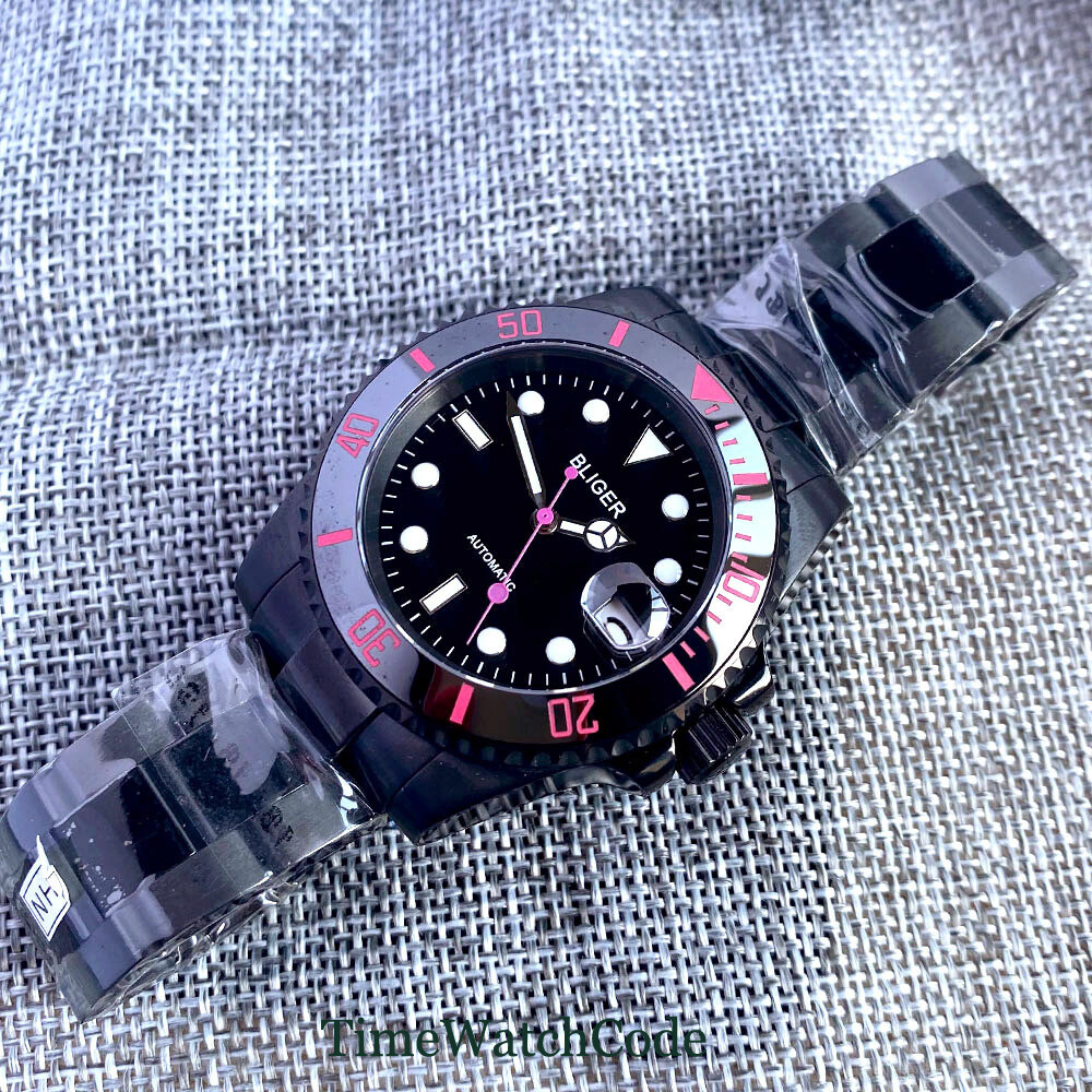40mm Sapphire Automatic Mechanical Mens Watch NH35 Date Black PVD Steel Bracelet
