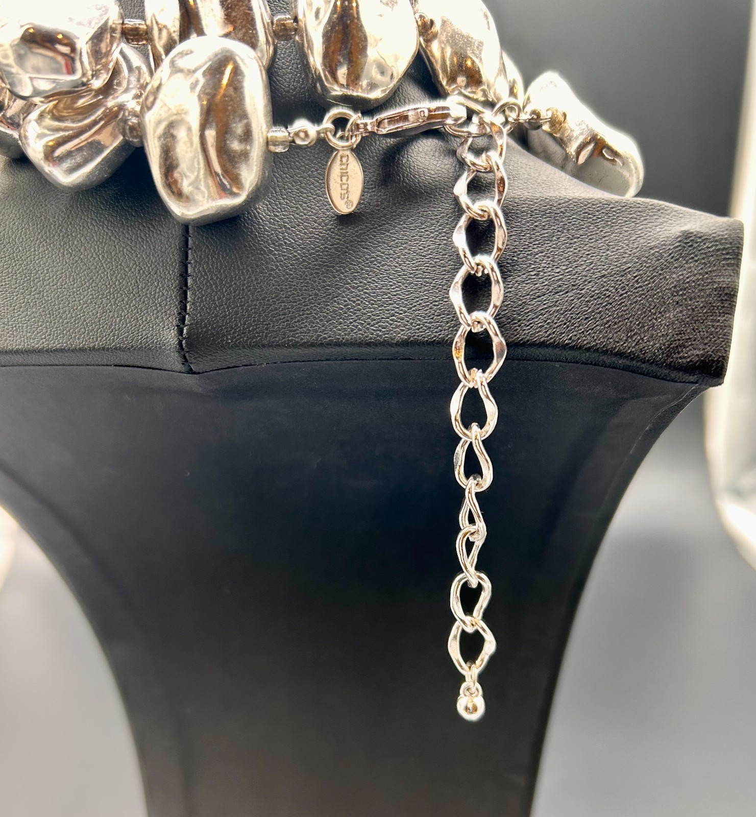 Chico’s Silver Tone Chunky Nugget Pebble Bead Statement Necklace 21″ Long Signed