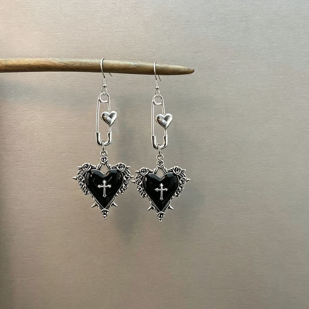 GothicSafety Pin Dangle EarringsThorn RoseCross BlackHeart Vintage Drop Earrings