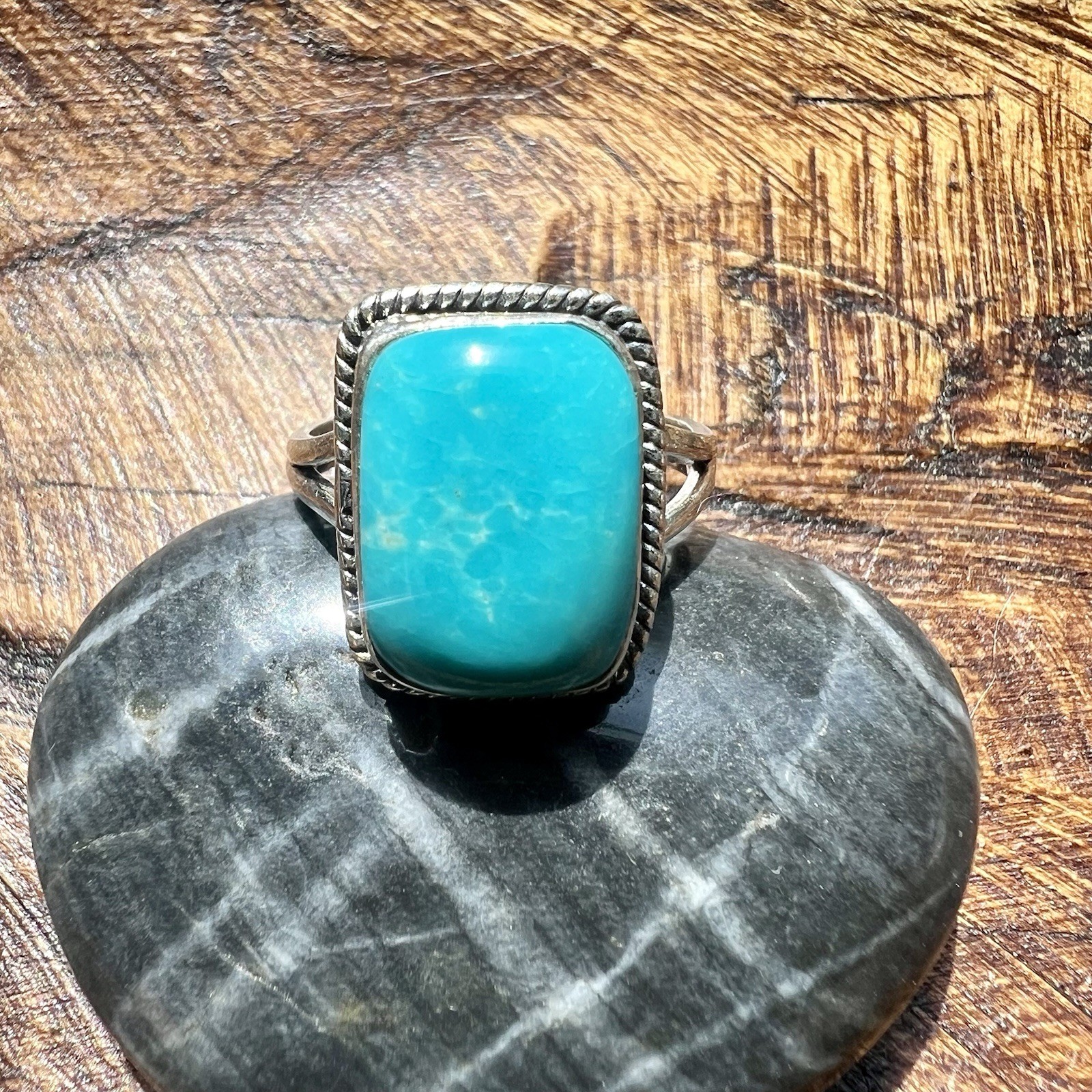 925 Sterling Kingman Turquoise Ring Size 7.25 Rectangular Cabochon