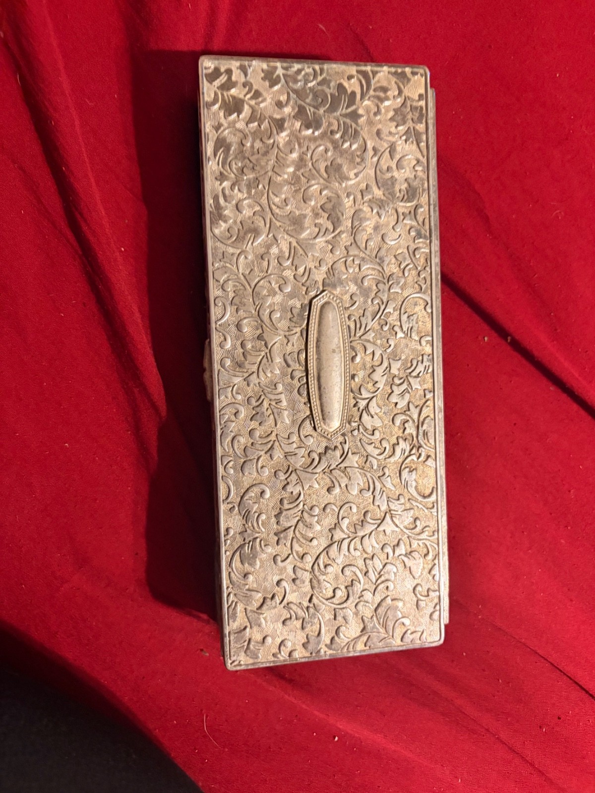 Vintage Pewter Jewlery Box Red Velvet Inside Hinged Lid Trinket Jewelry Nice!