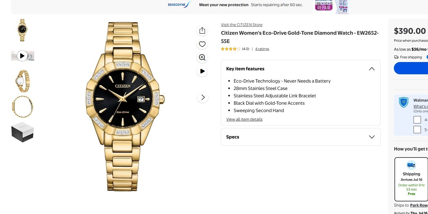 Citizen EW2652-55E Women’s Eco-Drive Stainless Steel Black Dial Watch