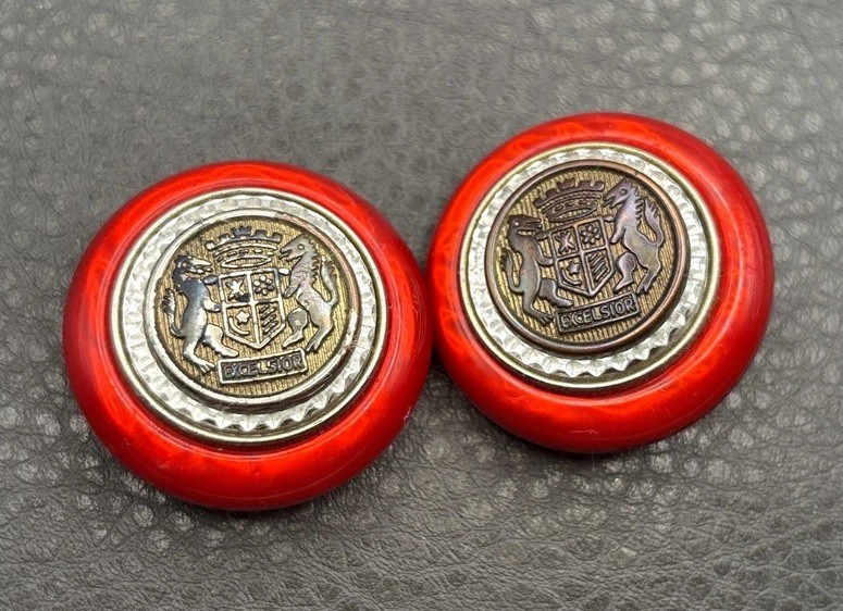 Vintage 80s Heraldic Coat of Arms Lion Shield Excelsior Rhinestone Red Earrings