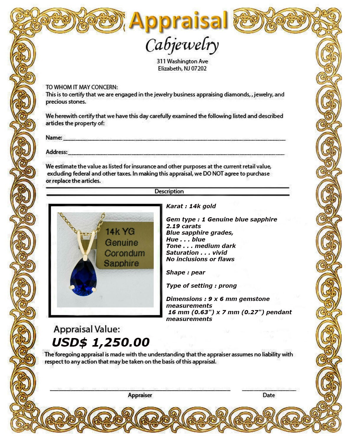 GENUINE 2.19 Cts BLUE SAPPHIRE PENDANT 14K GOLD – Free Appraisal – MADE IN USA