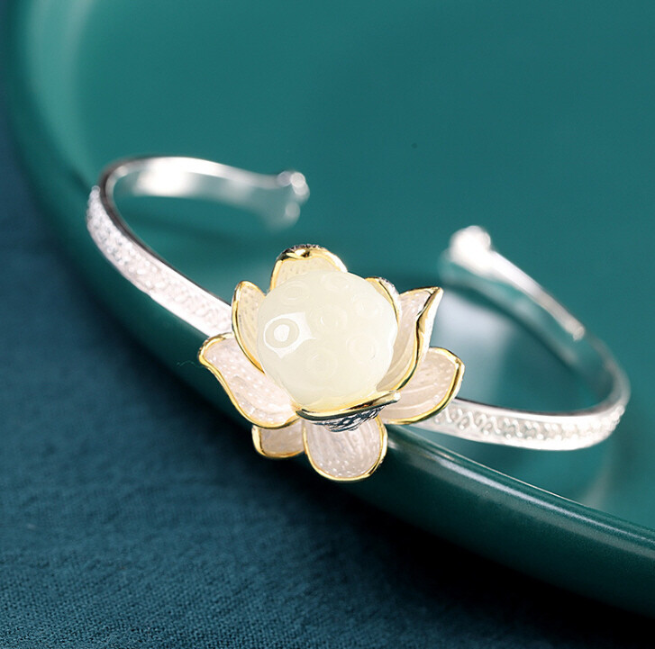 I03 Sterling Silver 925 White Jade Flower Bangle Bracelet