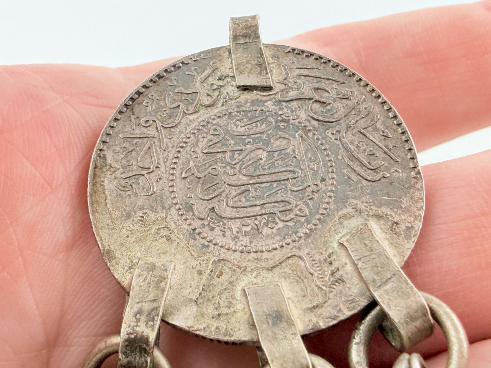 Vintage 1 Riyal Silver Coin with 6 Bell Tassels Pendant from Saudi Arabia 20g
