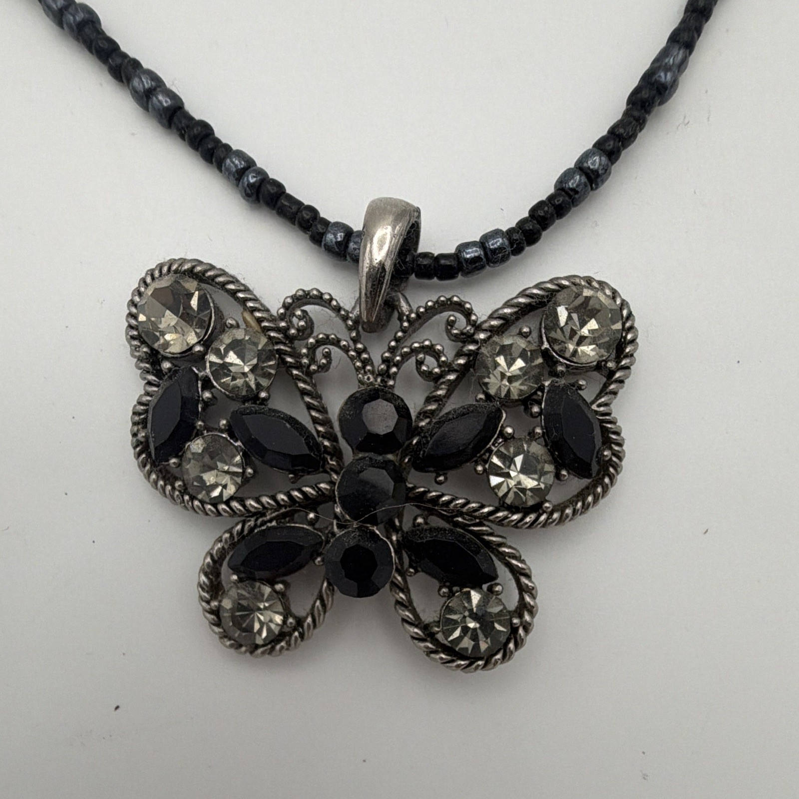 Black Beaded Ball Chain Butterfly Charm Pendant Crystal Rhinestone 18-20.5in Adj