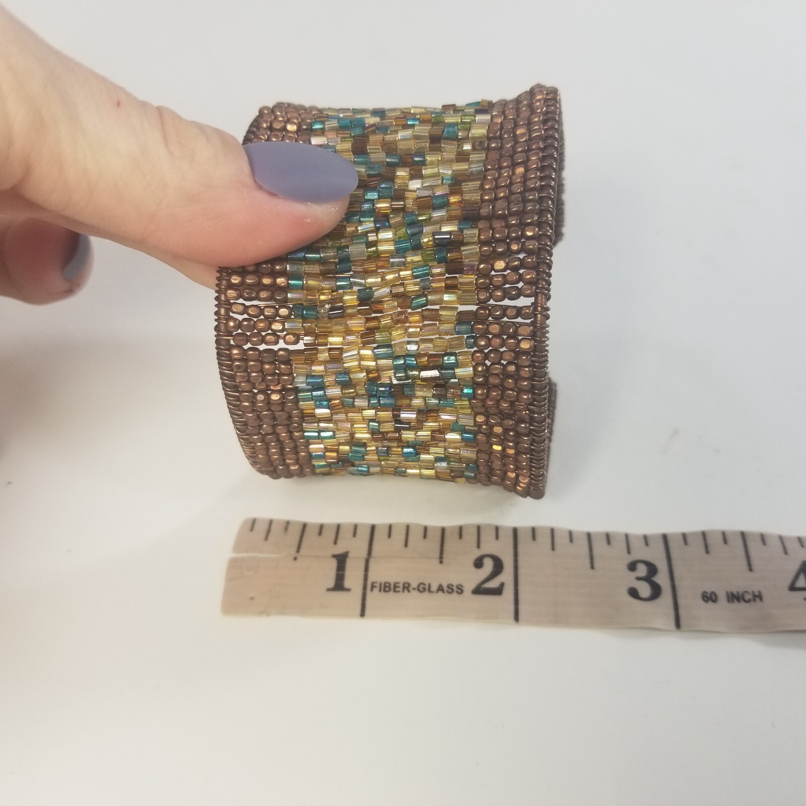 Beaded Wrap Cuff Bracelet Bronze Tone Seed Beads Flexible Fit Wide