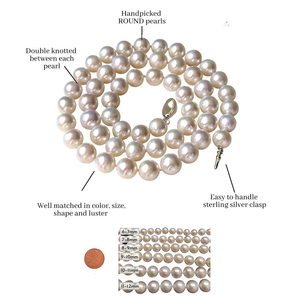 Long 24 Inch 8-9mm ROUND White Pearl Strand Necklace Genuine Cultured Freshwater