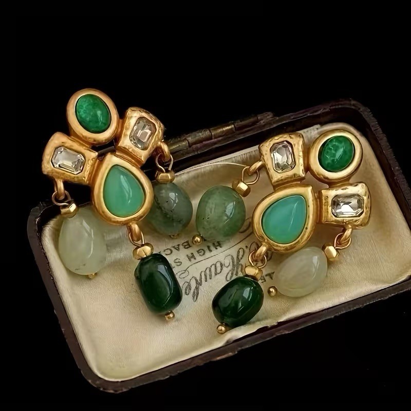 Medieval Museum Earrings Gold Hammered Antique Cabochon Boho Stud Statement VTG