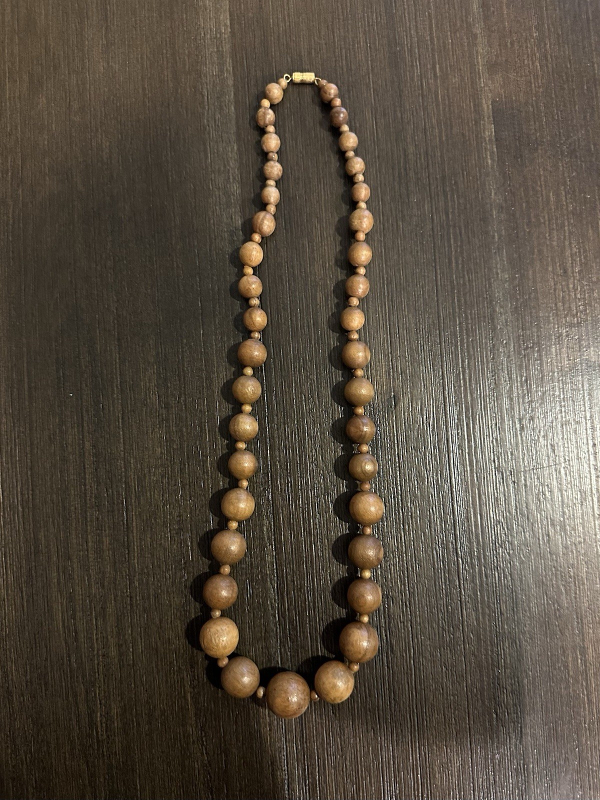 Vintage 1970s Chunky Graduated Wooden Bead Necklace with Brass Barrel Clasp