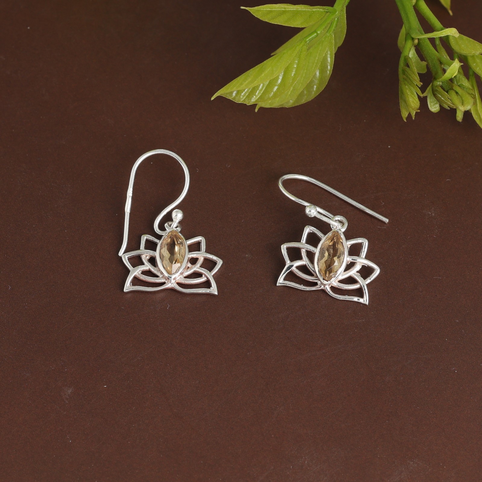 Citrine Birthstone Jewelry Silver Finish Lotus Earrings ae6655