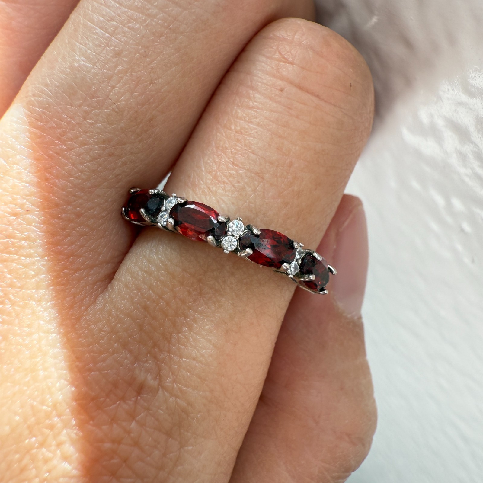 925 Sterling Silver Ring 5x3mm Natural Rhodolite Garnet Gemstone Zircon Beaded
