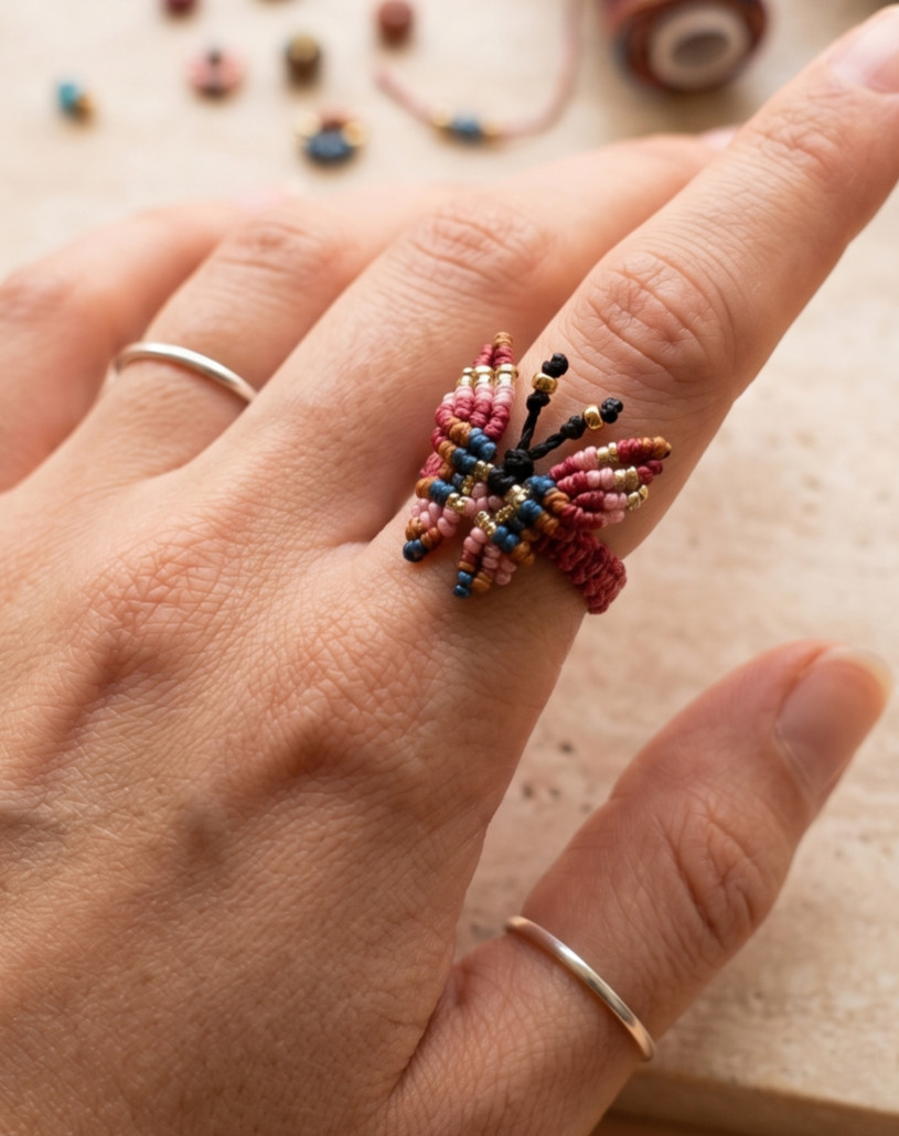 Macrame Woven Butterfly Ring – Vibrant and Handmade