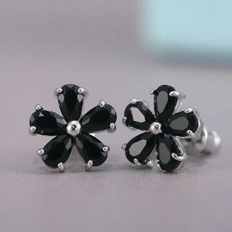 2.32Ct Pear Cut Simulated Black Onyx Flower Stud Earrings 14k White Gold Plated