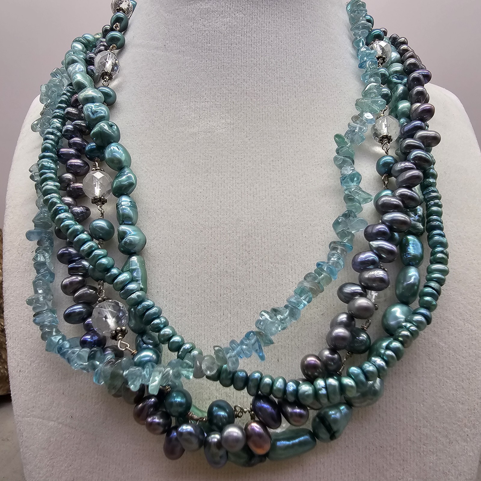 925 Sterling Multi Strand Pearl Apatite Quartz Beaded 17″+ Necklace Blues