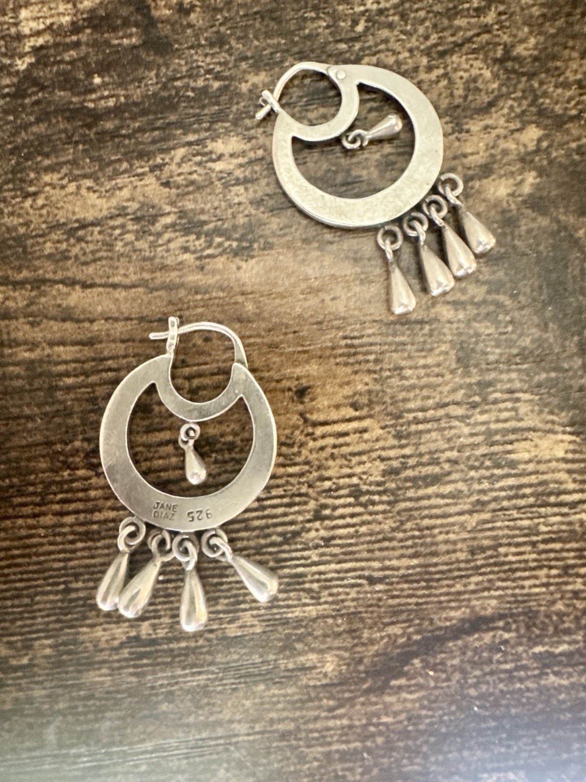 Jane Diaz 925 Sterling Frida Kahlo Hoop Earrings with Solid Tear Drop Dangles