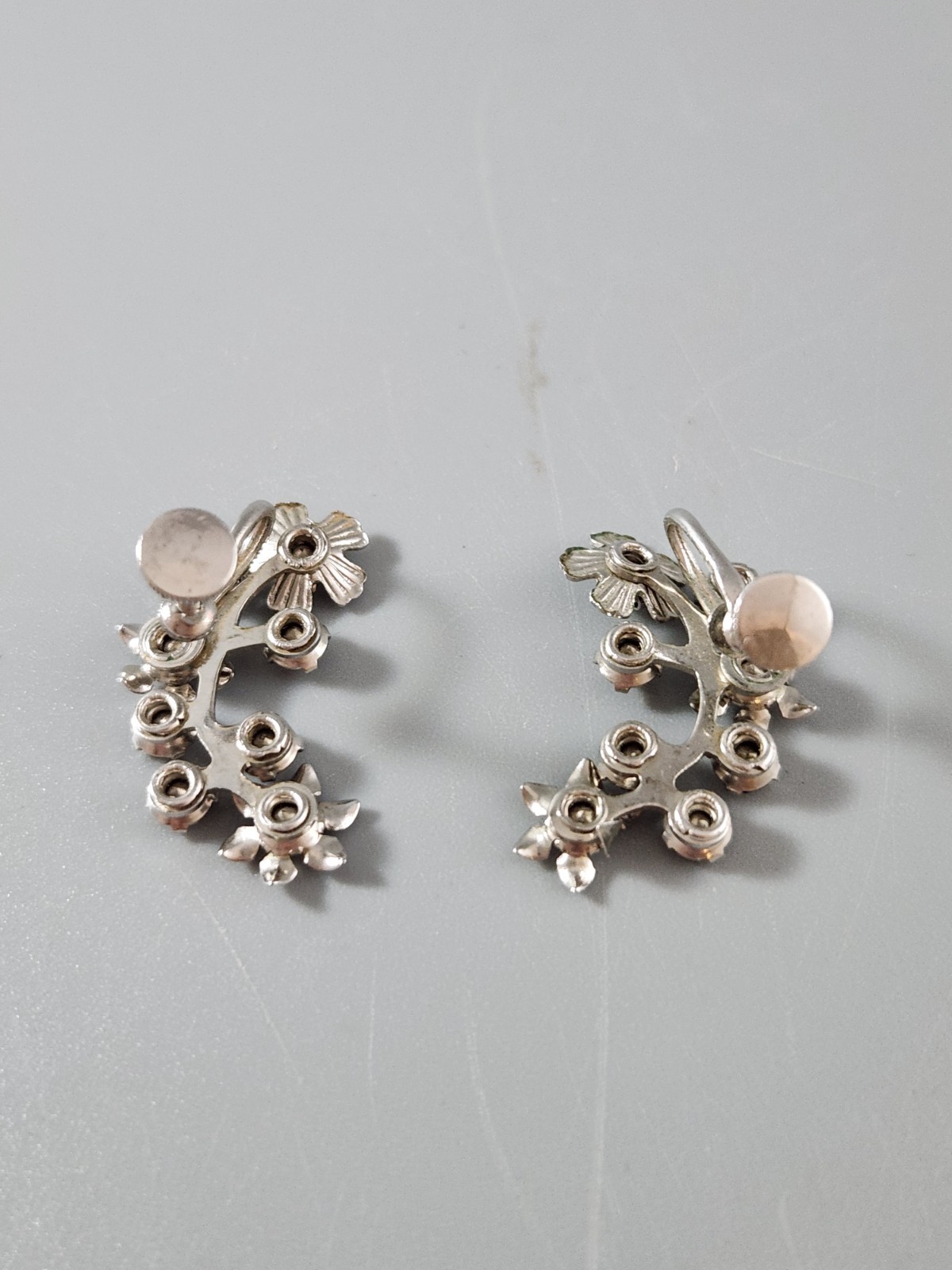 Vintage Flower Rhinestone Climber Earrings Screw Back Mid-Century Statement