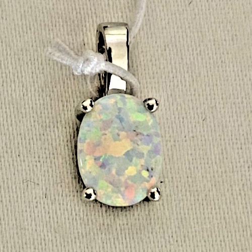 925 Sterling Silver White Lab Opal Solitaire Pendant, 13×6 mm, Gift Ready NOS 1g