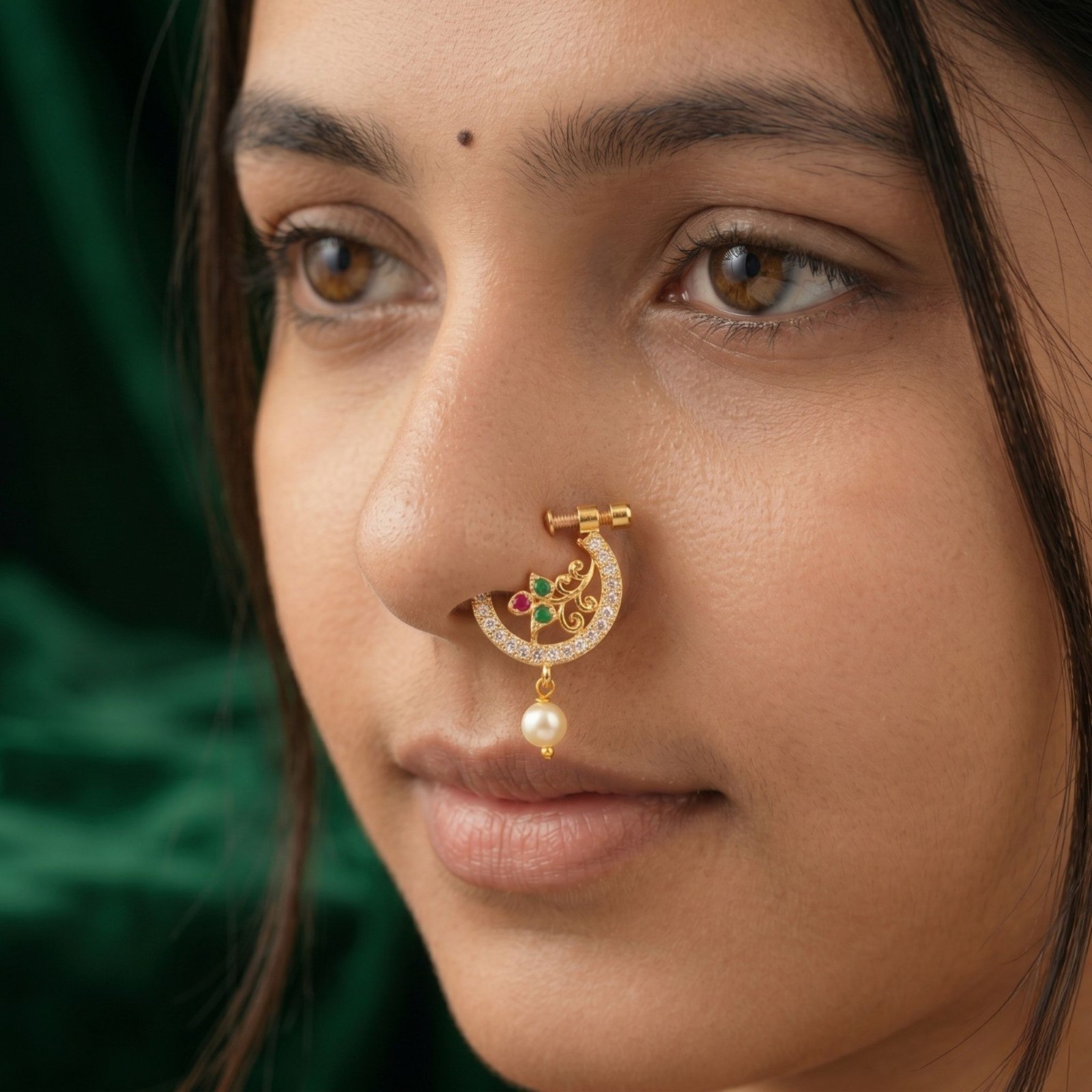 Gold Plated CZ Indian Nose Ring Set: Bridal Nath, Non-Piercing Clip On