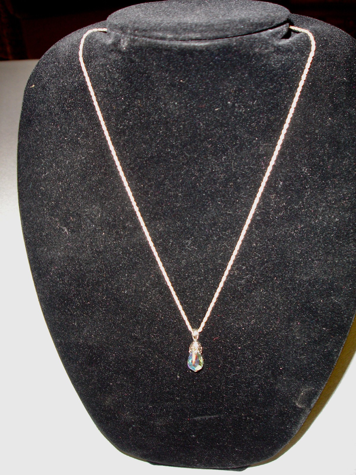 Silver Tone Necklace W/ A Faceted Tear Drop Crystal Pendant & Marcasite Stones