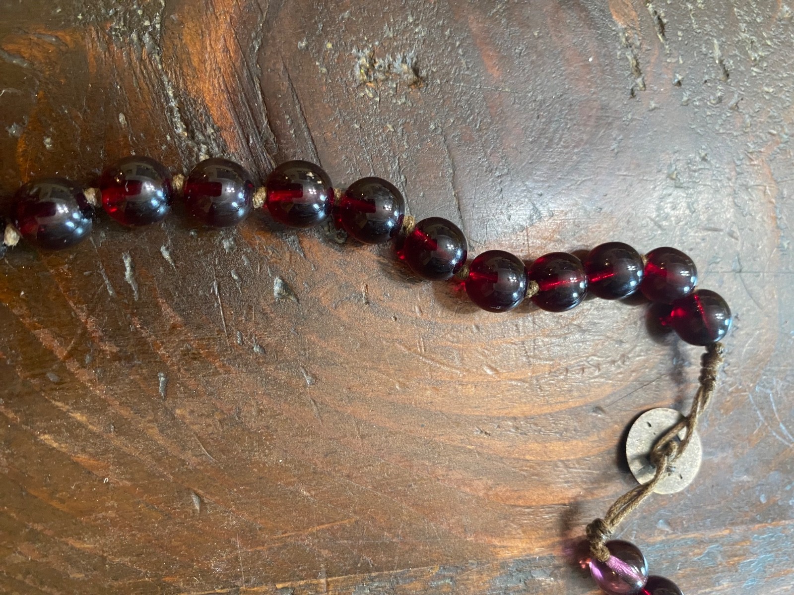 Vintage burgundy/purple/red ombre glass necklace with loop clasp and cording