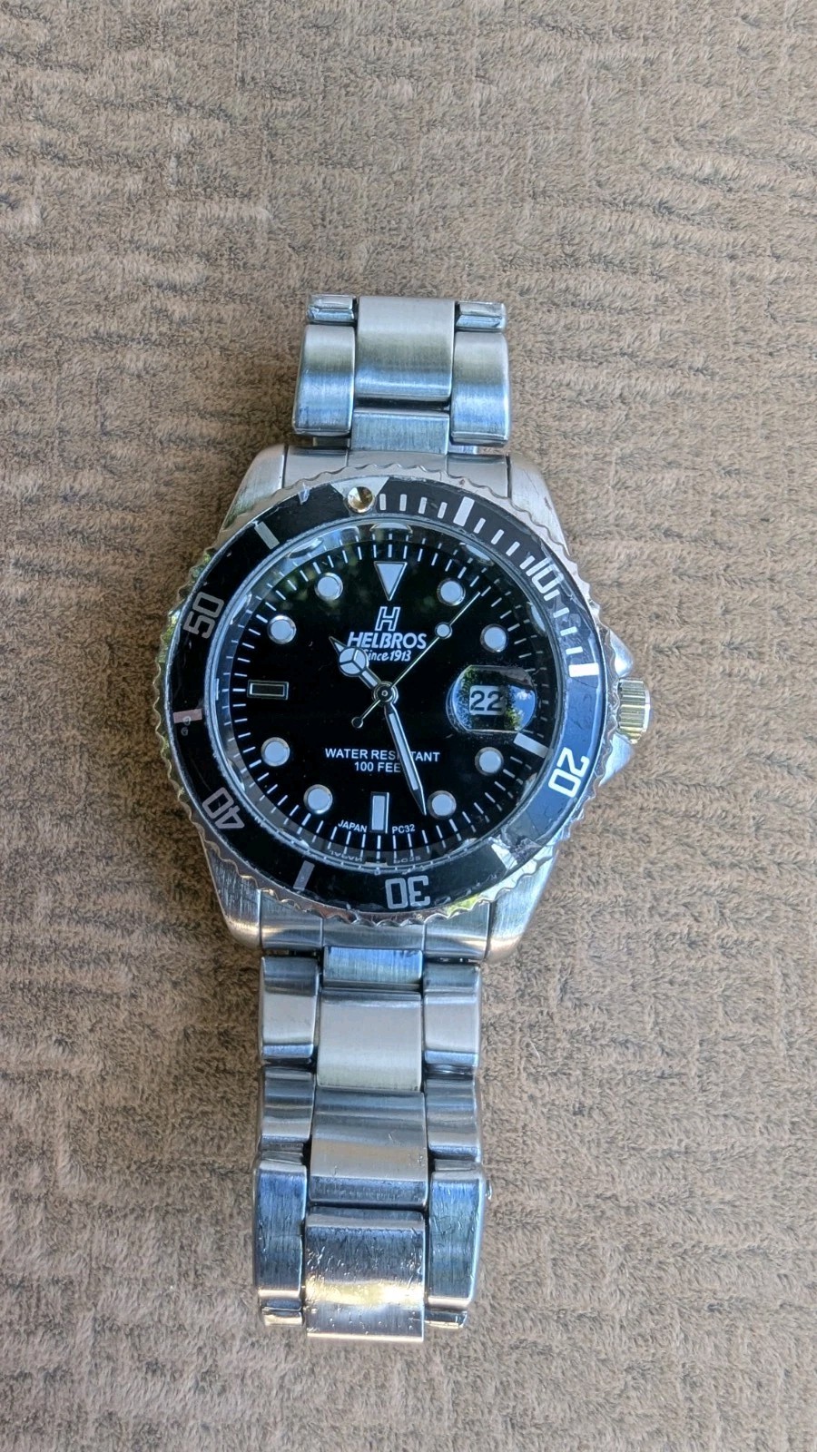 Helbros Divers Watch Men’s 626 Black Dial Stainless Steel Bracelet Band Date