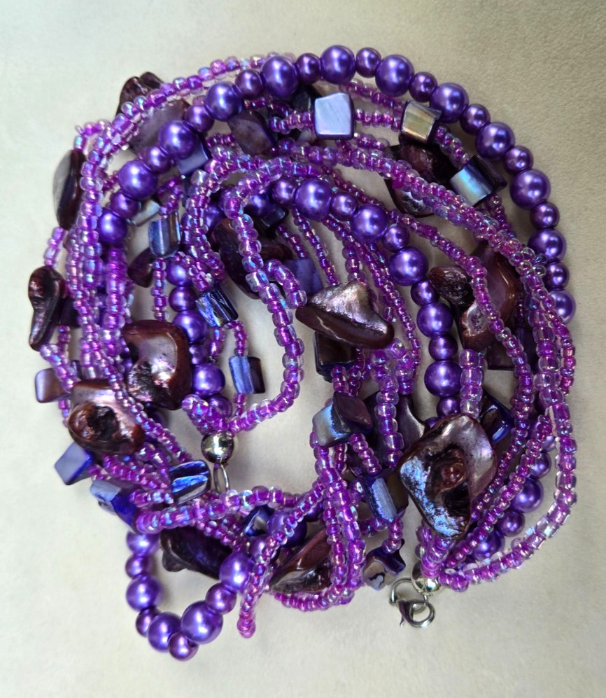 Purple Mixed Media 7-Strand Shell, Pearl and Bead Necklace 19.5 Inches