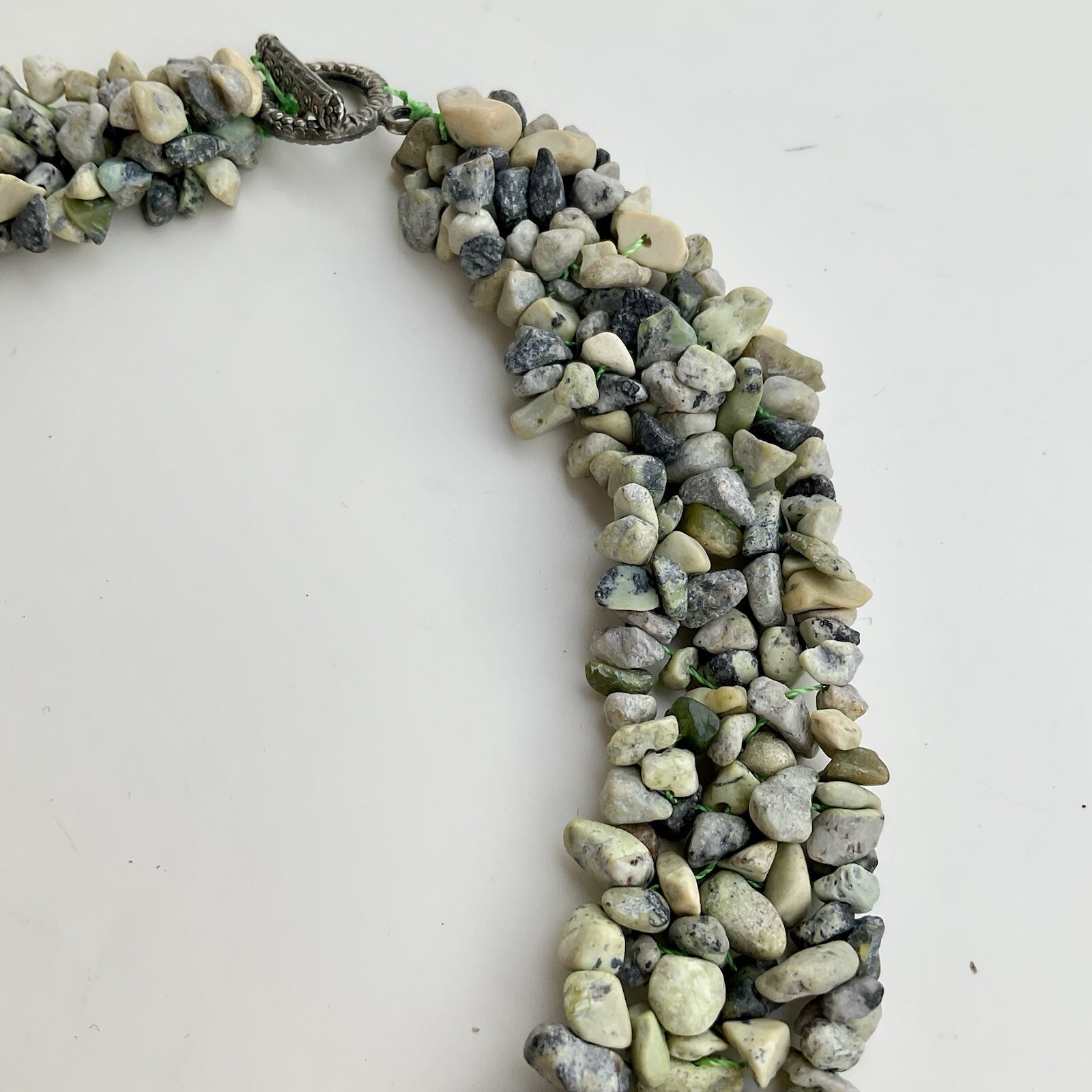 Handcrafted Green & Beige Chipped Gemstone Collar Statement Necklace, 17 Inches