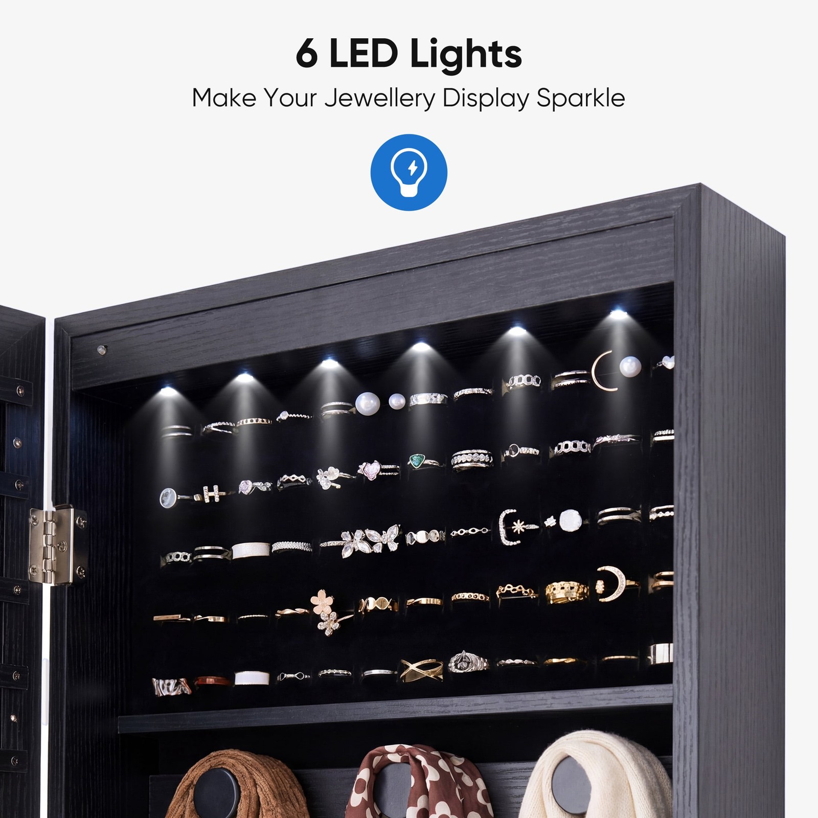 JHK Full Length Mirror Jewelry Cabinet w/ 6 LED Lights,Wall Mounted/Door Hanging